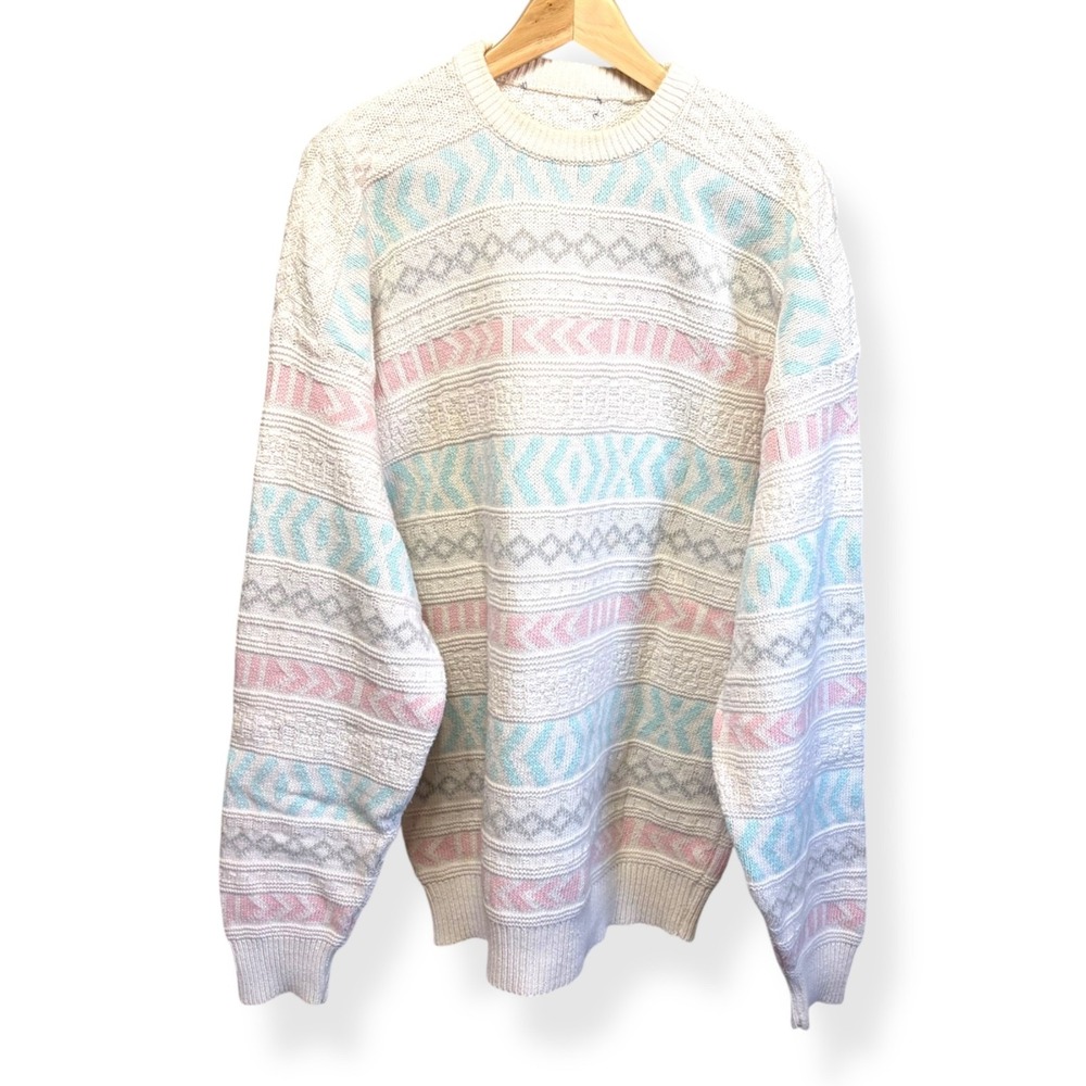 VTG Cable Knit Sweater Cotton Sz L Pastel Chunky Oversized Fairy Kei Geometric